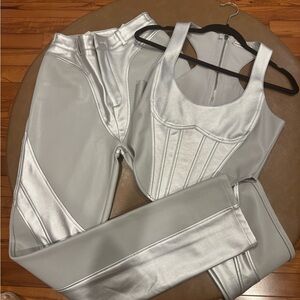 Manière De Voir Metallic Silver Faux Leather Corset Top & Pants Set